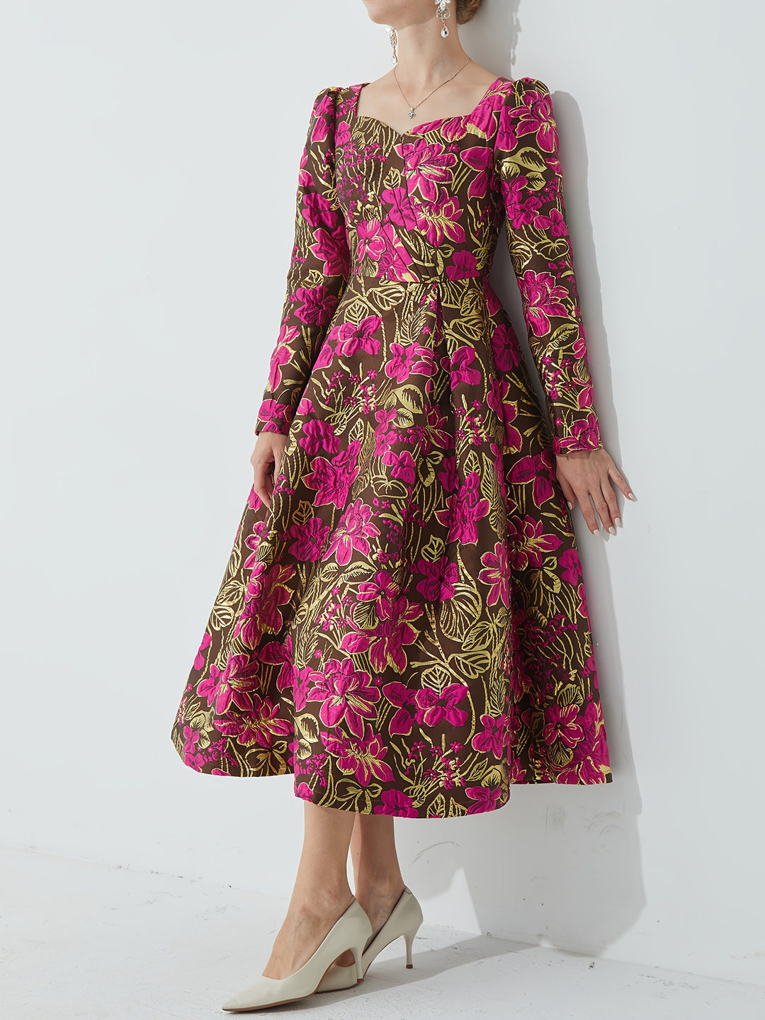 Dames Bloemen Midi-Jurk Met Lange Mouwen