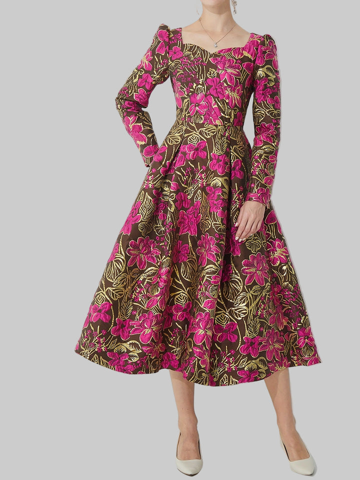 Dames Bloemen Midi-Jurk Met Lange Mouwen