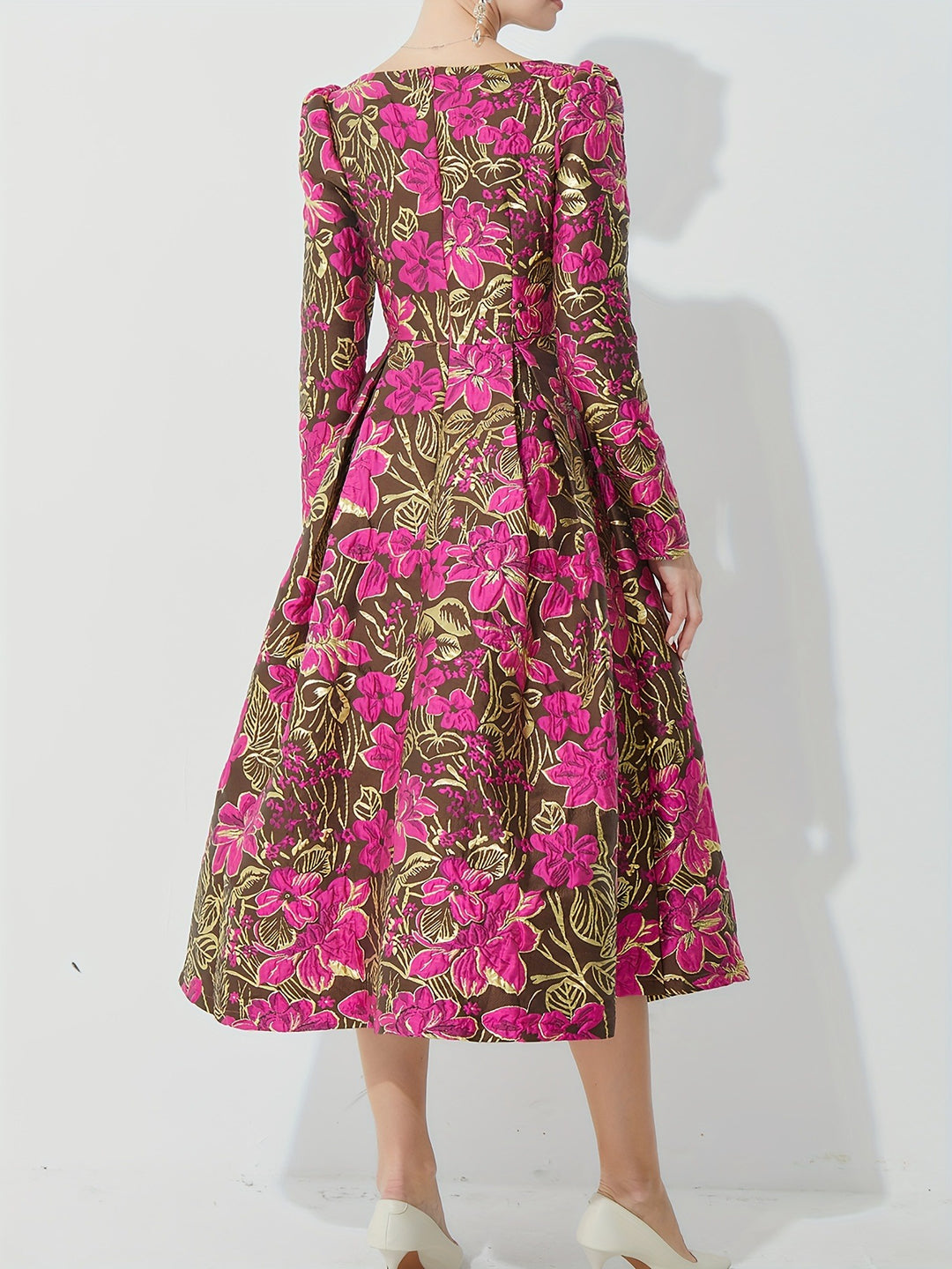 Dames Bloemen Midi-Jurk Met Lange Mouwen