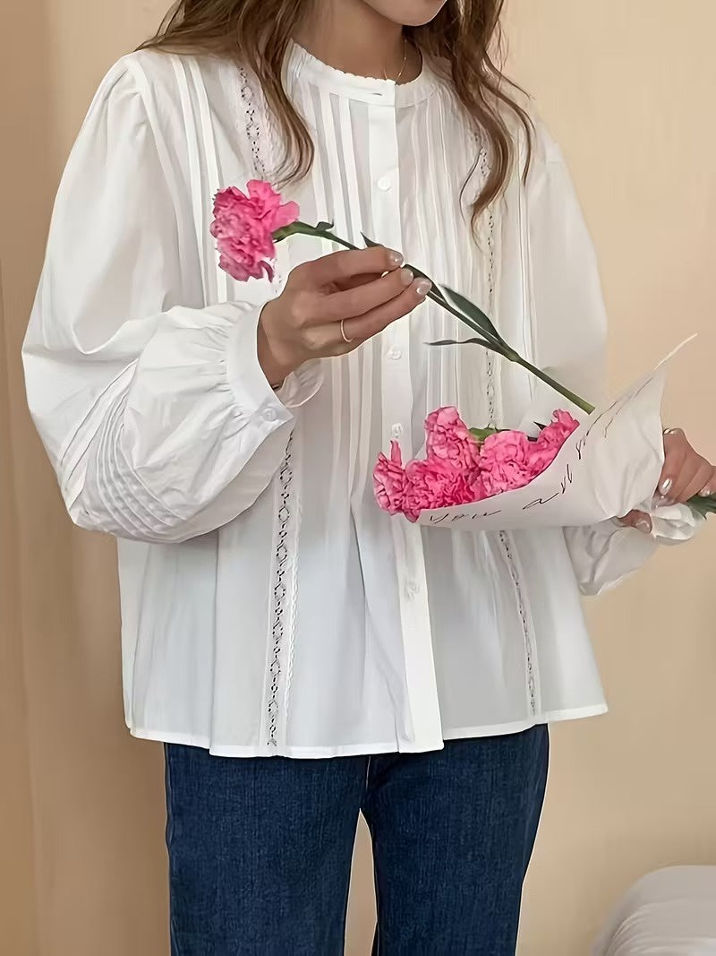 Dames Langemouwen Blouse met Kanten Afwerking